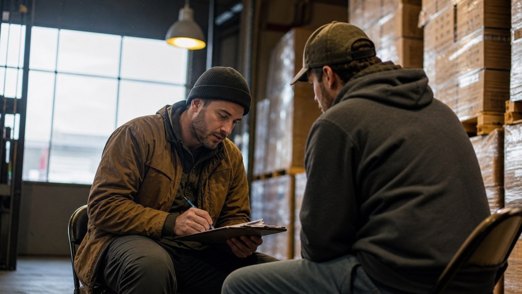 A warehouse supervisor interviewing a candidate on folding chairs beside stacked pallets, photographed in Spokane