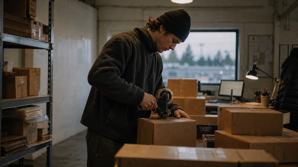 A warehouse worker taping shipping boxes under strip lighting in a small fulfilment room, photographed in Spokane