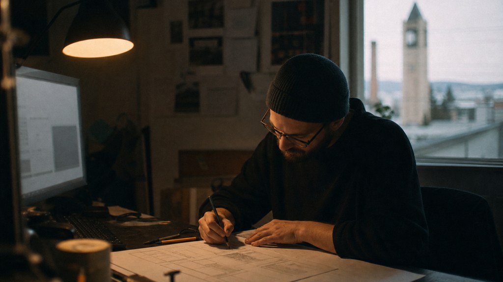 A studio designer sketching a page layout on paper beside a monitor in a dim room, photographed in Spokane