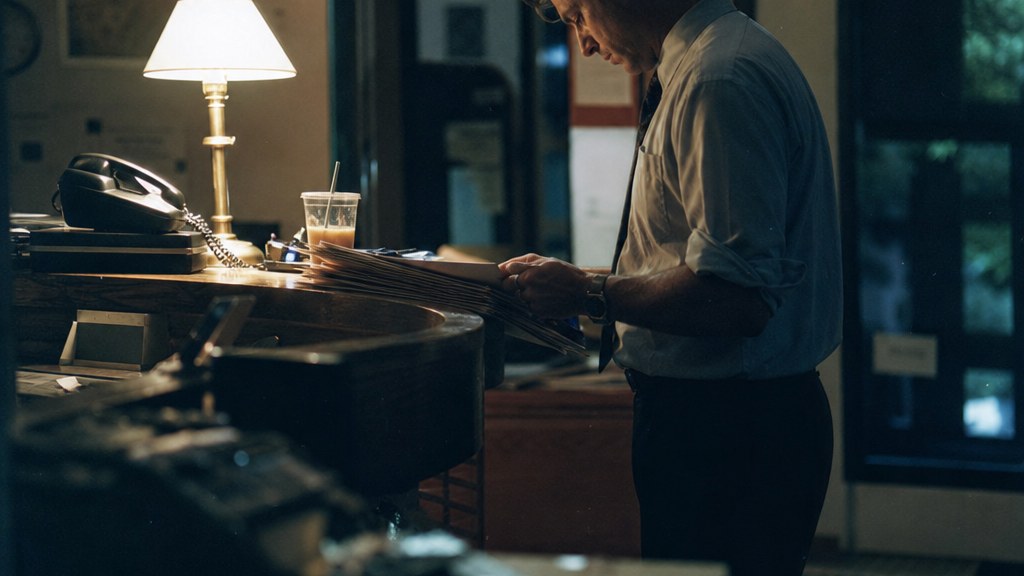 Family lawyer alone at night in a small practice reception, one desk lamp burning over a stack of custody files
