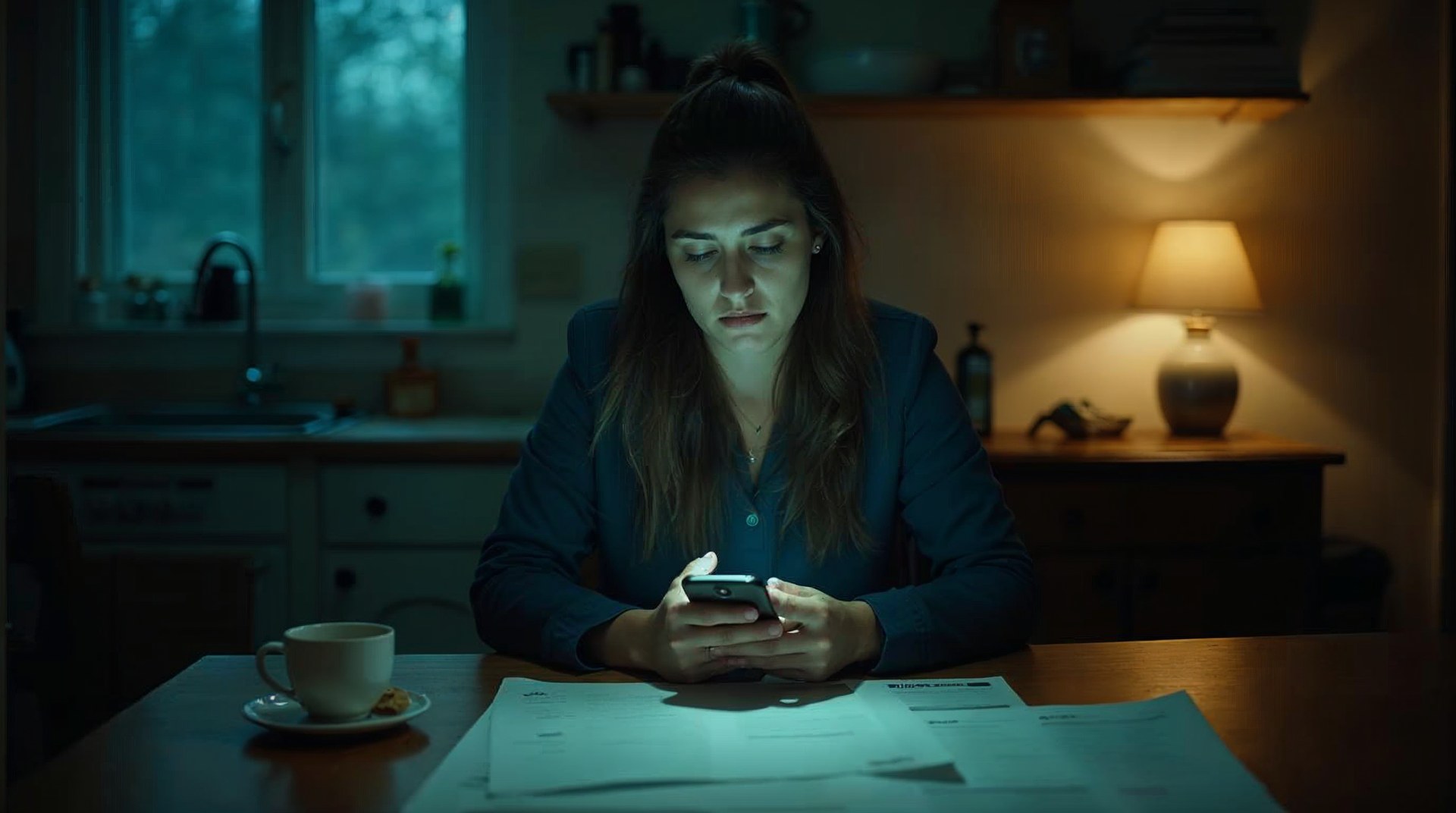 Woman in her thirties at a kitchen table before dawn lit by her phone screen with custody paperwork spread out