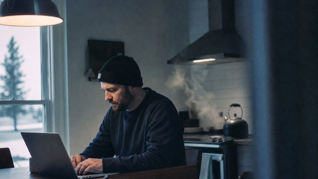A service-business owner at a kitchen table typing a question into a laptop while a kettle steams behind, photographed in Spokane