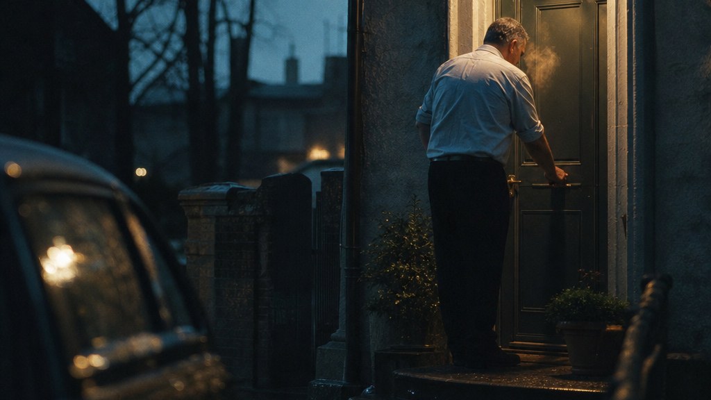 Director in shirtsleeves unlocking the front door of a small family firm before dawn, one porch lamp lit and rain on the step