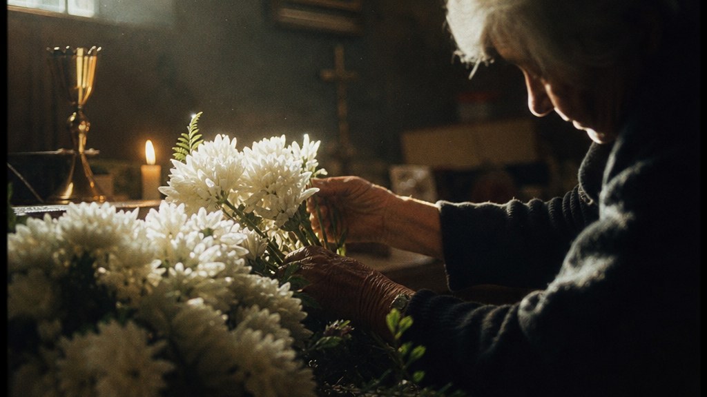 Elderly hands arranging white chrysanthemums on a chapel table in a shaft of late window light with dust in the air
