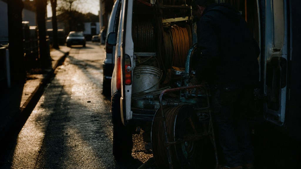 Open rear doors of a service van at first light on a residential street, coiled cables and rollers stacked inside, low sun on wet asphalt