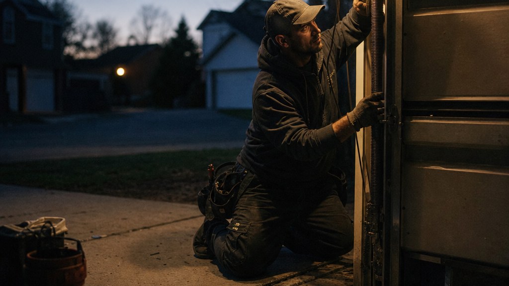 Technician kneeling in a suburban driveway at dusk adjusting a torsion spring by the light of a clipped-on work lamp