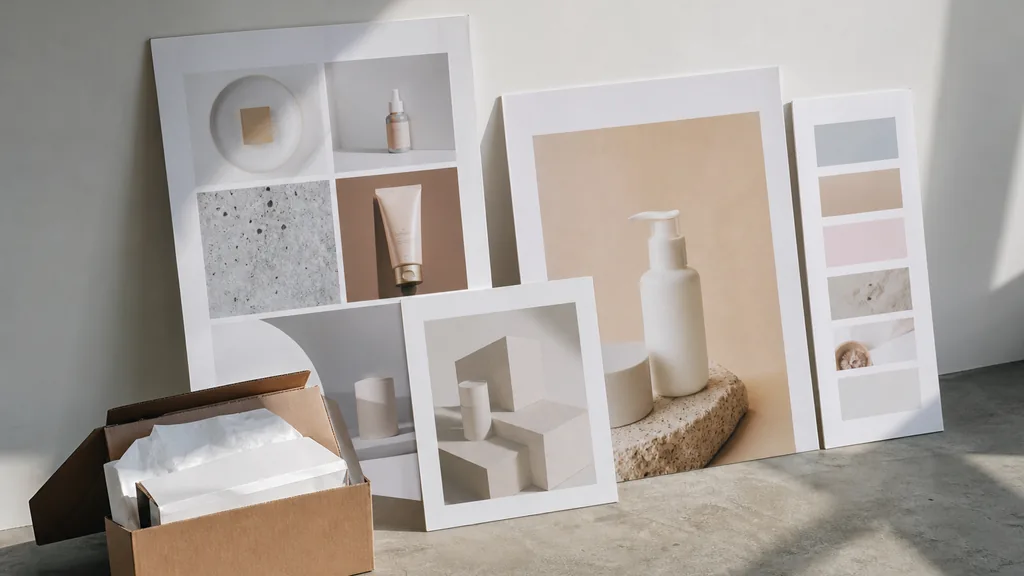 Editorial photograph of printed brand boards and packaging proofs leaning against a pale studio wall in clear high altitude Colorado light