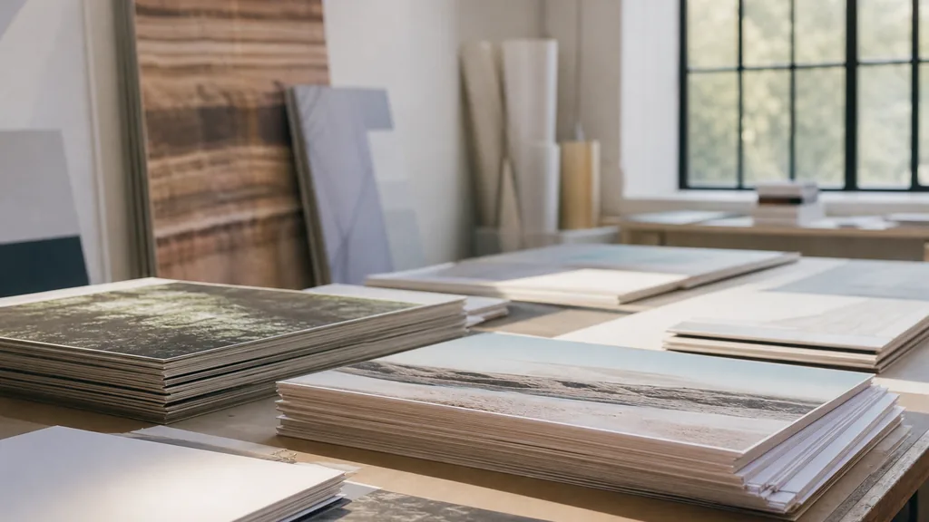 Editorial photograph of printed identity boards and exhibition graphics stacked on a wide studio table in soft midwestern daylight