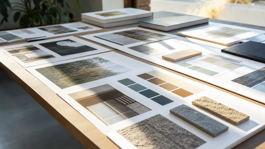 Editorial photograph of printed brand guidelines and signage proofs arranged on a long studio table in crisp Colorado morning light