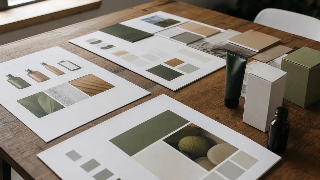 Editorial photograph of printed brand boards and packaging proofs on a wide wooden studio table in soft midwestern window light