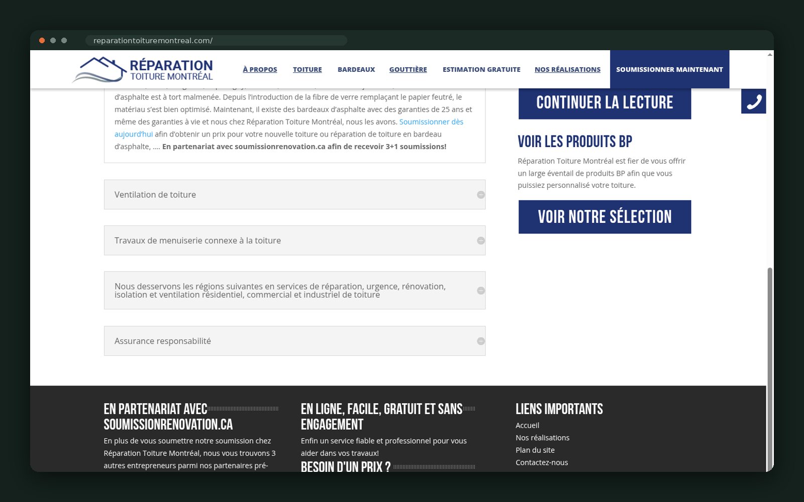 Main services list across Montréal, Laval and Longueuil