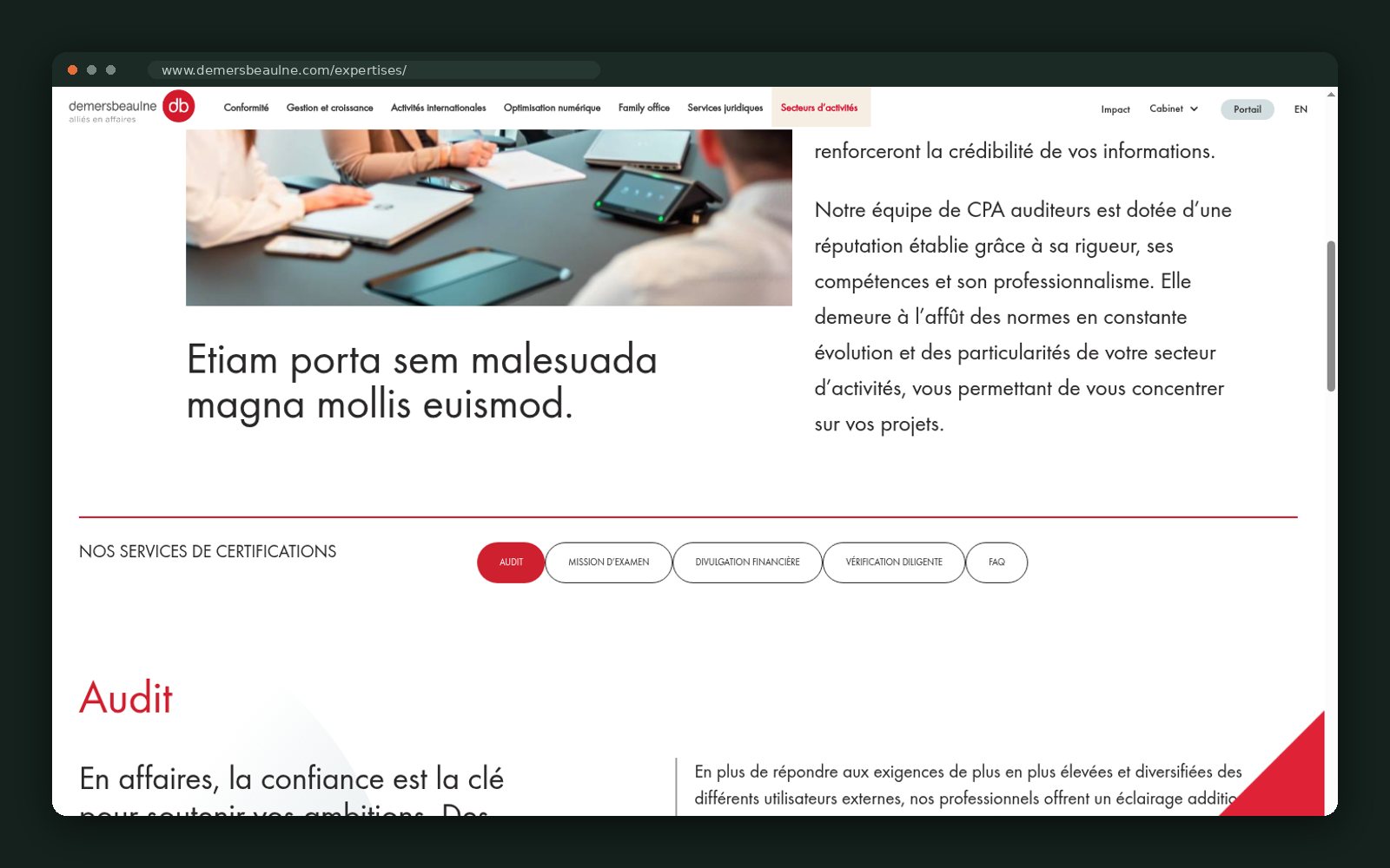 Expertise page layout with service tabs