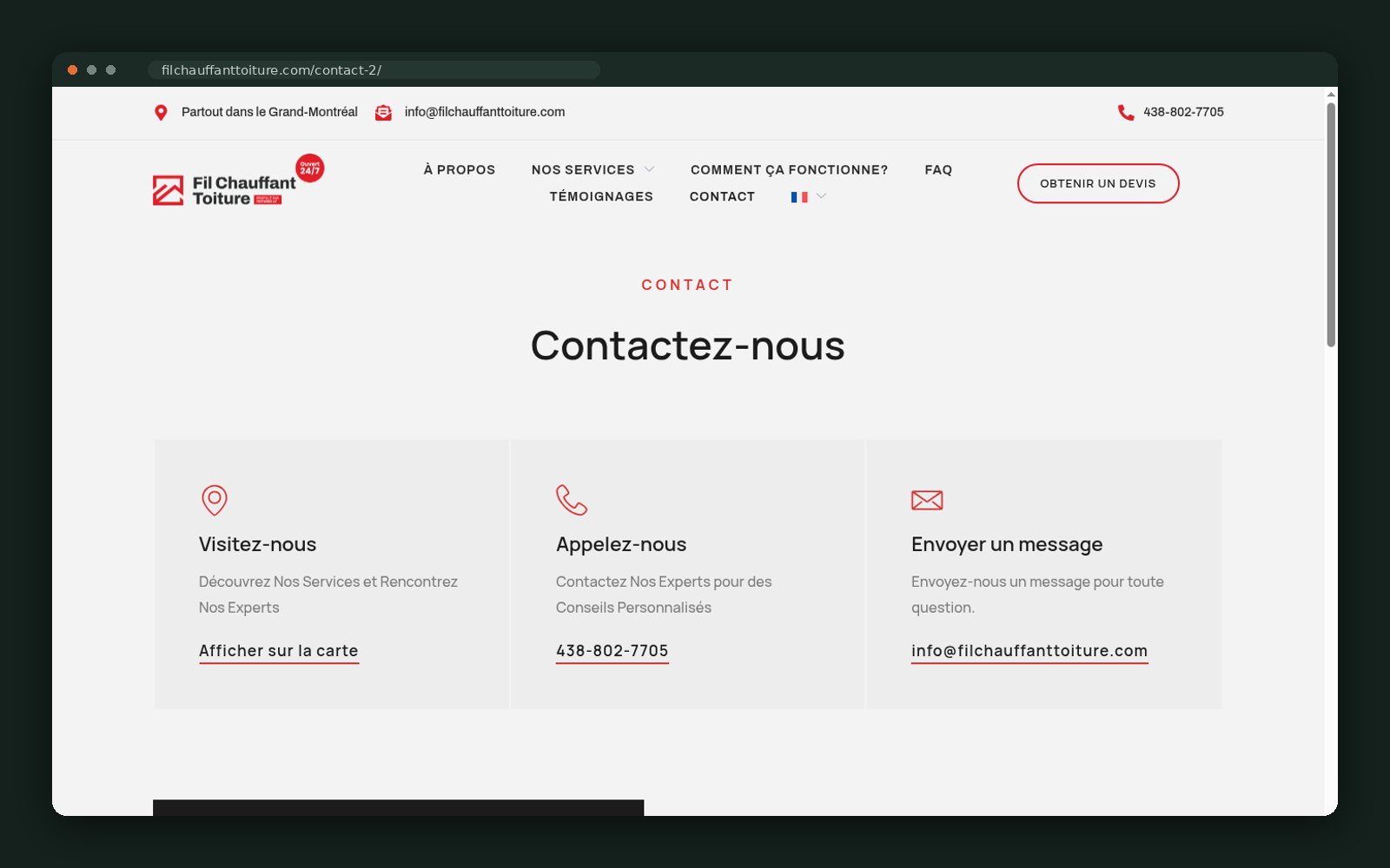 Contact page with three contact routes