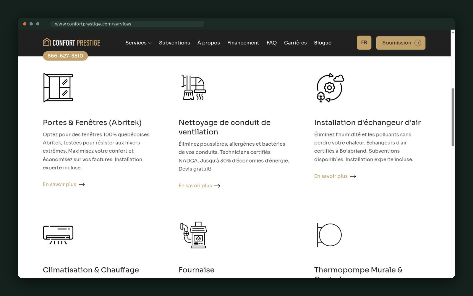 Full service catalogue with icons and descriptions