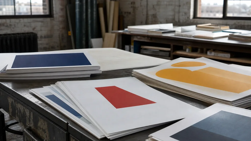 Editorial photograph of printed identity boards and screen printed poster proofs stacked on a worn steel table in a converted Detroit industrial loft