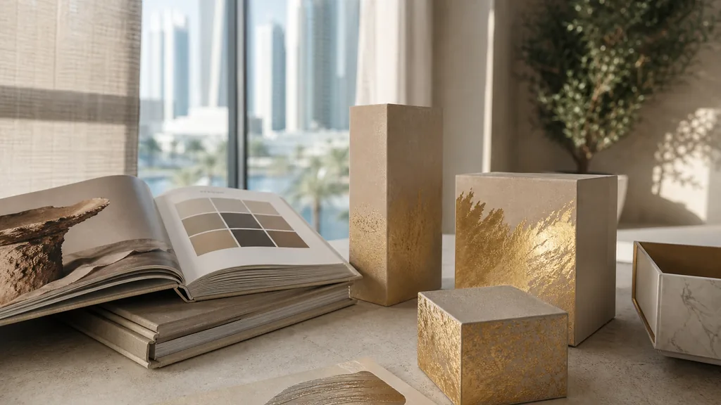 Editorial photograph of printed brand guideline books and gold foil packaging proofs arranged on a pale stone table in a bright Dubai studio