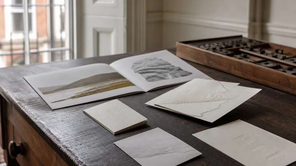 Editorial photograph of printed brochures and letterpress identity proofs laid on a dark timber table in a Georgian Dublin studio