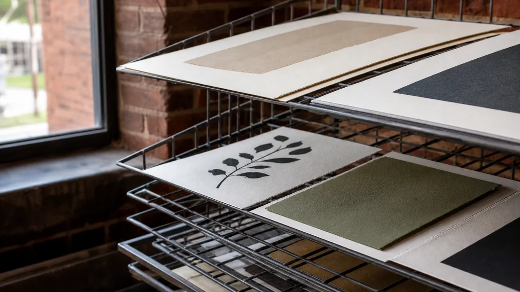 Editorial photograph of printed brand boards and hand set letterpress prints drying on a rack in a red brick Durham workshop