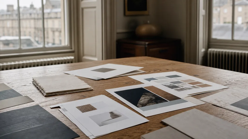 Editorial photograph of printed identity boards and typographic proofs on a wide oak table in a Georgian Edinburgh studio
