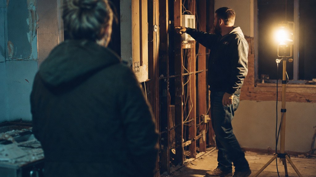 Homeowner walking a stripped kitchen with a builder pointing at a cut-open wall, tripod work light throwing hard shadows across bare drywall
