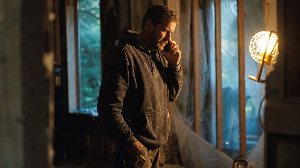 Contractor on the phone inside a half-gutted house at golden hour, tape measure hanging, studs and plastic sheeting around him