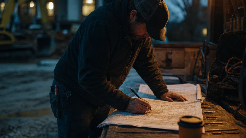 Builder leaning over a pickup tailgate at dawn marking up scuffed paper plans, coffee cup on the bumper, wet gravel driveway