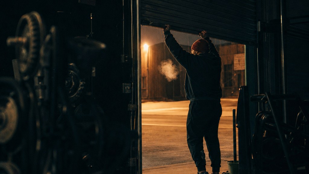Gym owner unlocking the roller shutter of an independent strength gym before dawn, breath visible under a streetlight