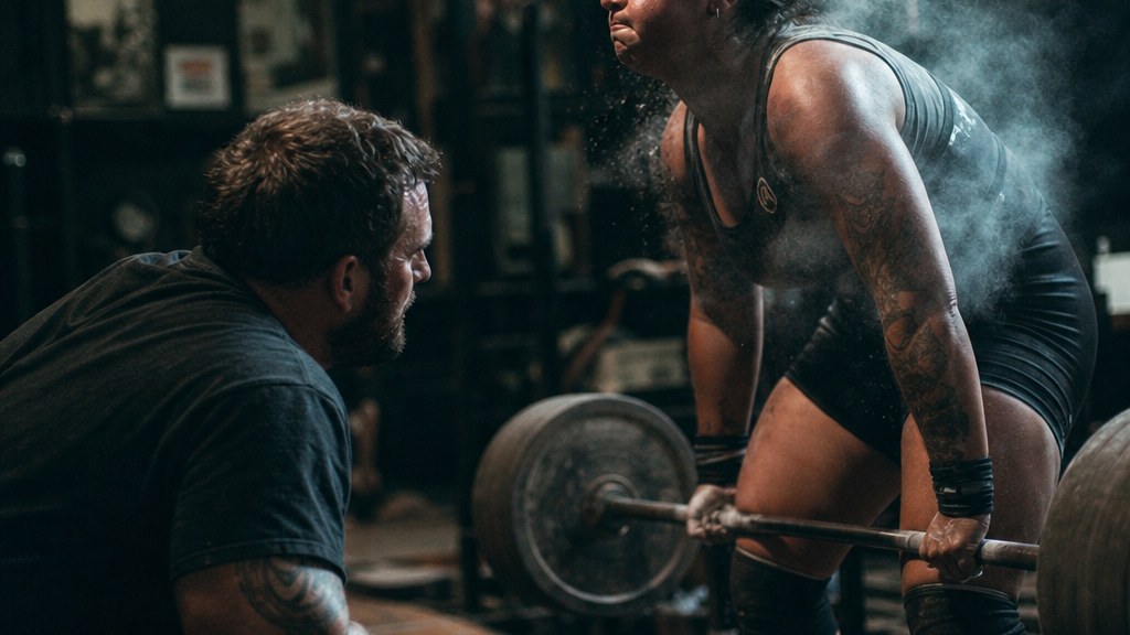 Coach kneeling beside a lifter mid-set on a battered platform under a single overhead lamp, chalk dust in the air