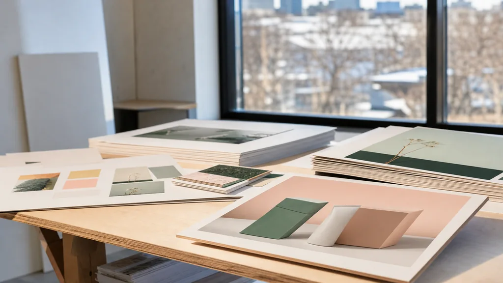 Editorial photograph of printed identity boards and packaging proofs stacked on a pale birch studio table in a bright Edmonton loft