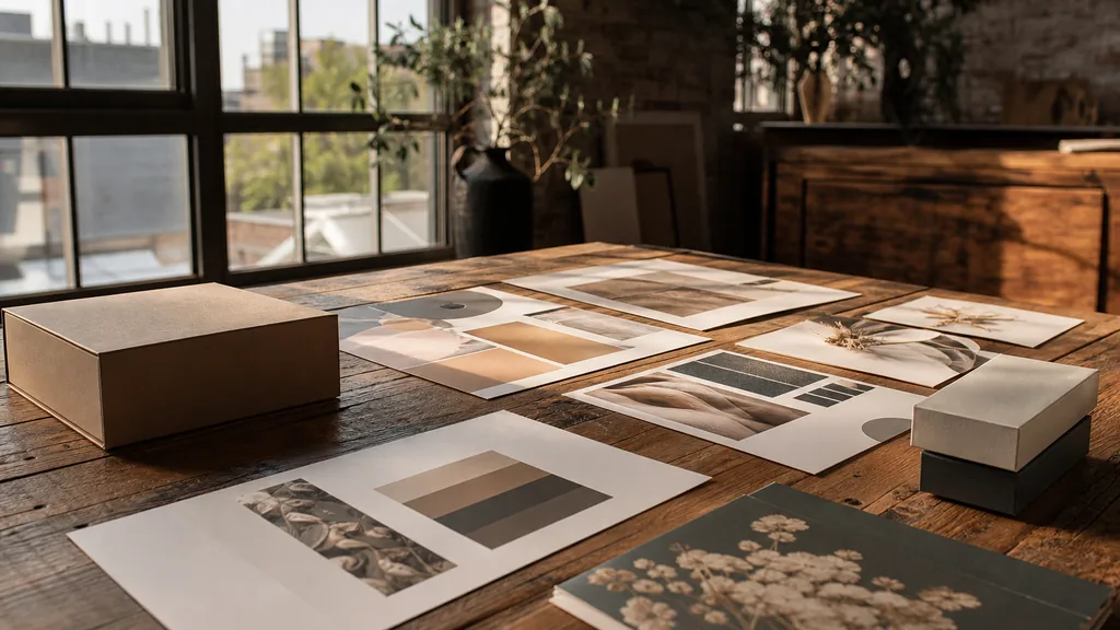 Editorial photograph of printed brand boards and packaging mockups laid out on a reclaimed oak table in a sunlit Fort Worth studio