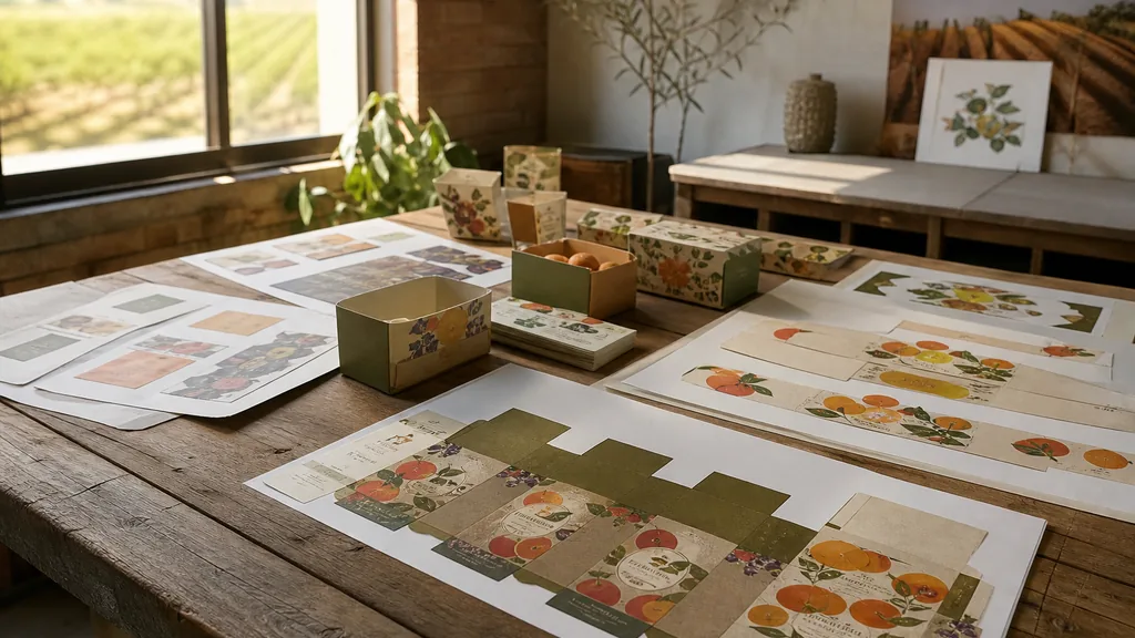 Editorial photograph of printed produce packaging proofs and label sheets arranged on a weathered wooden table in a sunlit Fresno studio