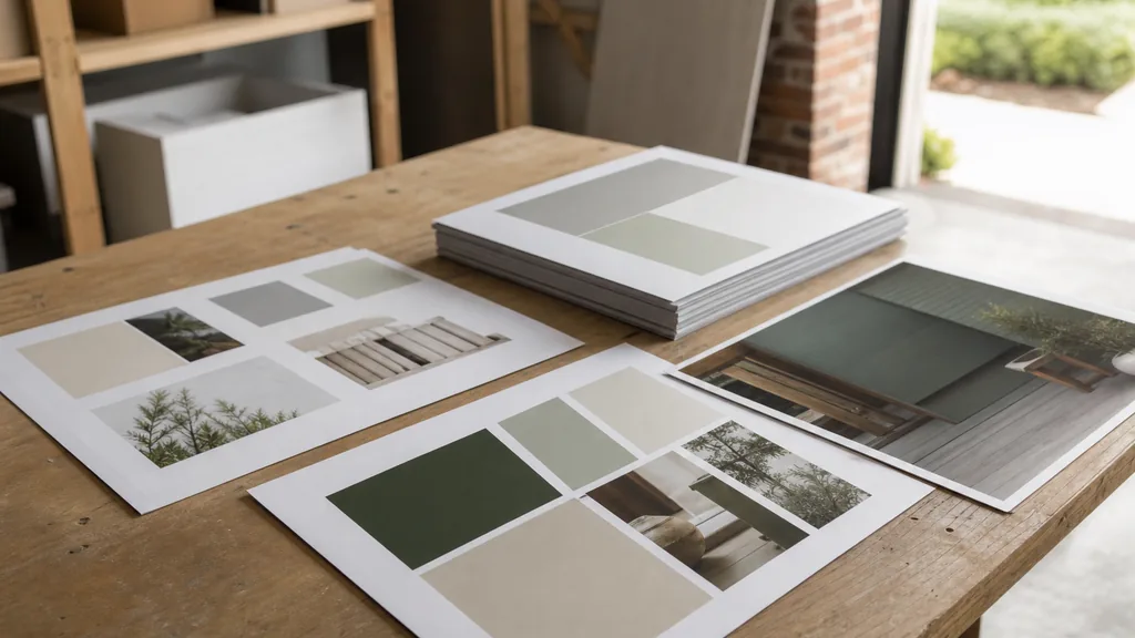 Editorial photograph of printed brand boards and signage proofs laid on a plain workshop bench in a small Fayetteville North Carolina studio