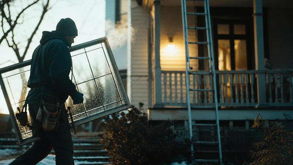 Installer carrying a new window pane across a suburban front lawn in low winter sun, ladder leaning against the porch