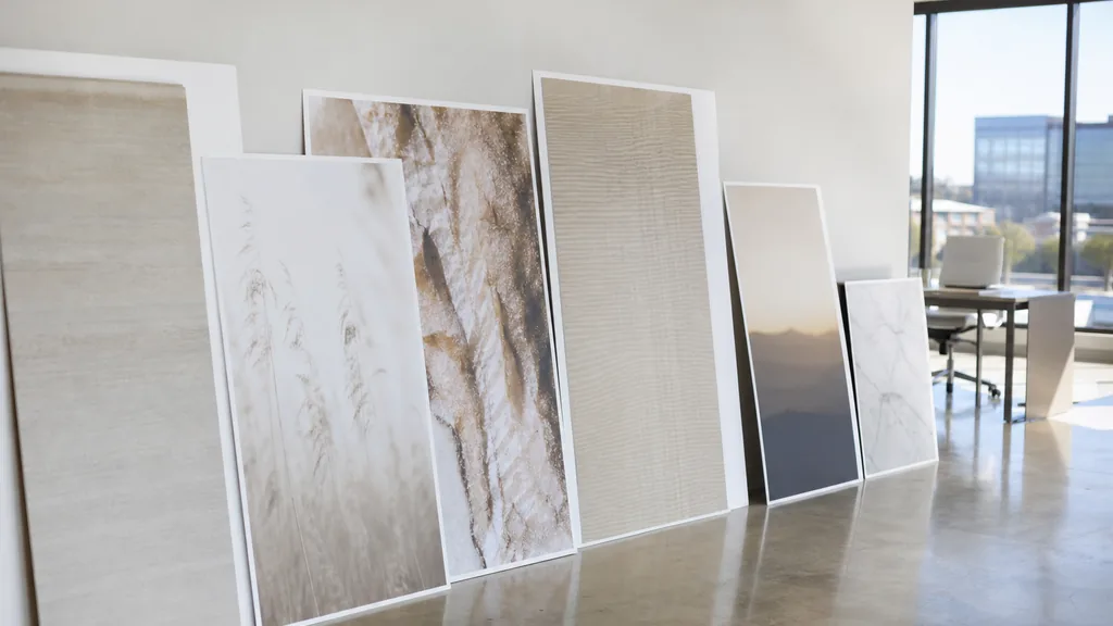 Editorial photograph of printed brand boards and large format signage proofs leaning against a white studio wall in a modern Frisco Texas office