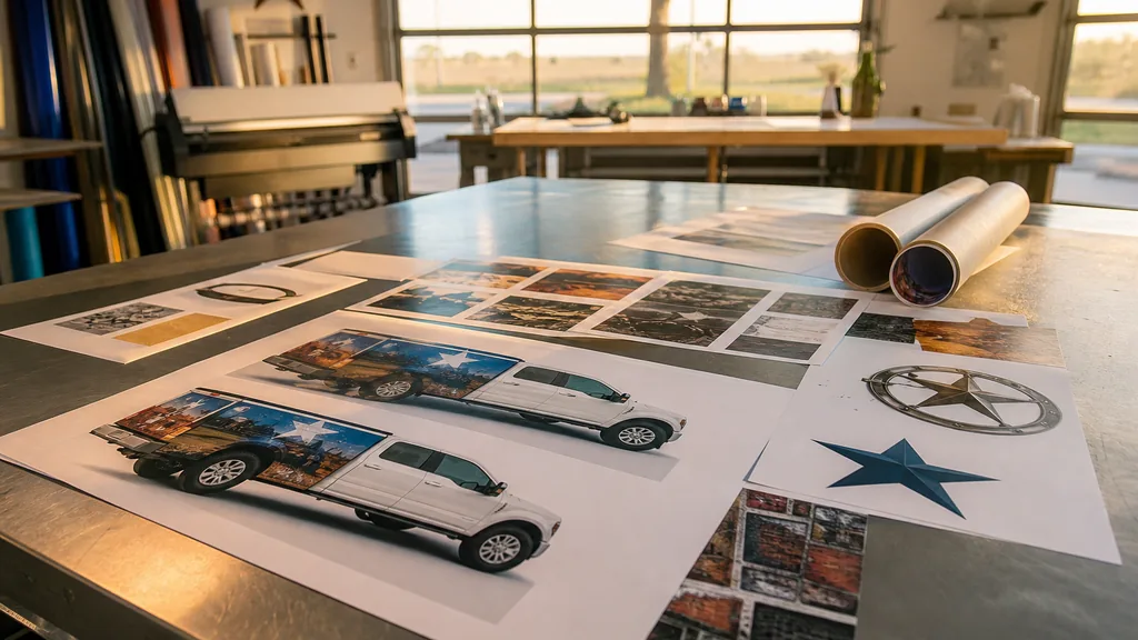 Editorial photograph of printed vehicle wrap proofs and logo sheets spread on a wide steel worktable in a sunlit Texas sign and design studio