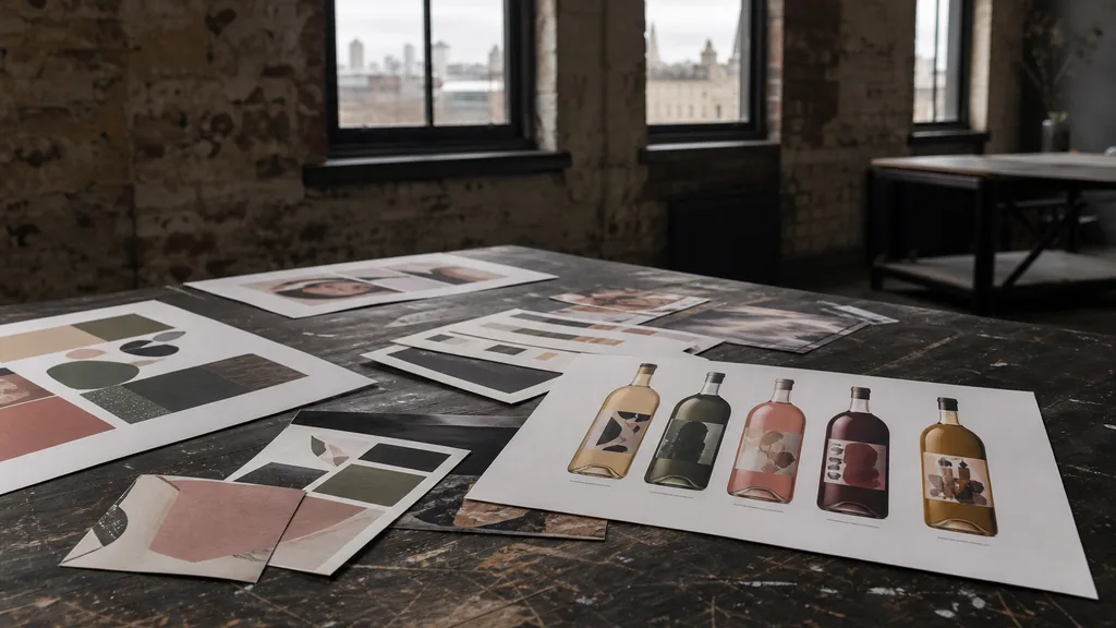Editorial photograph of printed brand identity boards and drinks label proofs arranged on a scuffed timber table in a converted Glasgow warehouse studio