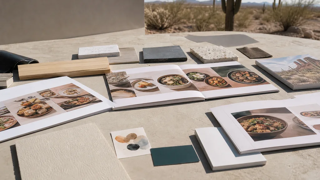 Editorial photograph of printed brand boards and restaurant menu proofs laid out on a pale concrete table in a bright Arizona desert studio