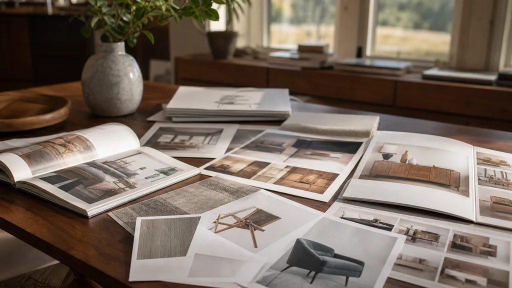 Editorial photograph of printed brochures and furniture catalogue proofs fanned across a walnut table in a sunlit North Carolina design studio