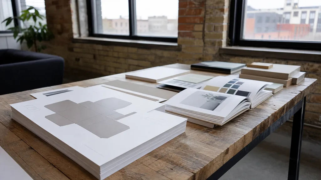 Editorial photograph of printed packaging dielines and brand guideline books stacked on a reclaimed factory table in a converted Hamilton Ontario brick studio