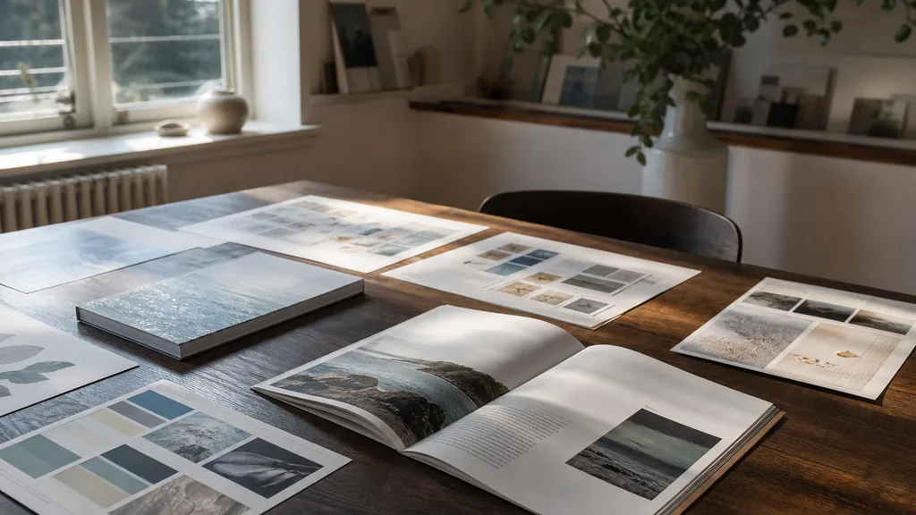 Editorial photograph of printed annual report spreads and logo sheets laid out on a dark walnut table in a sunlit New England design studio