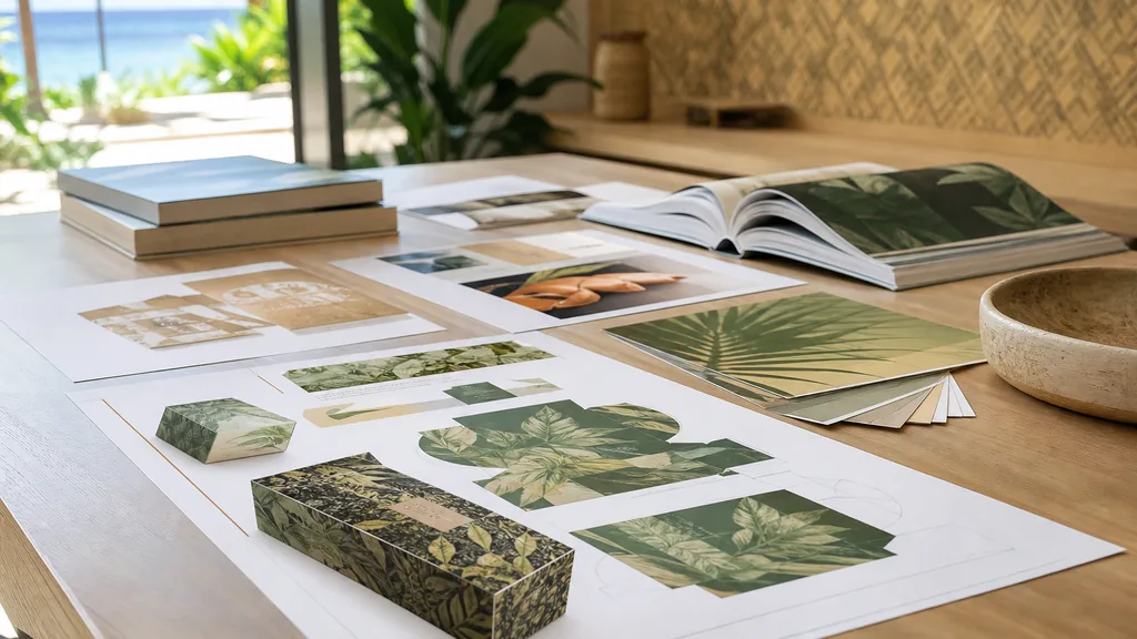 Editorial photograph of printed packaging proofs and brand guideline books arranged on a pale koa wood table in a bright Hawaiian design studio
