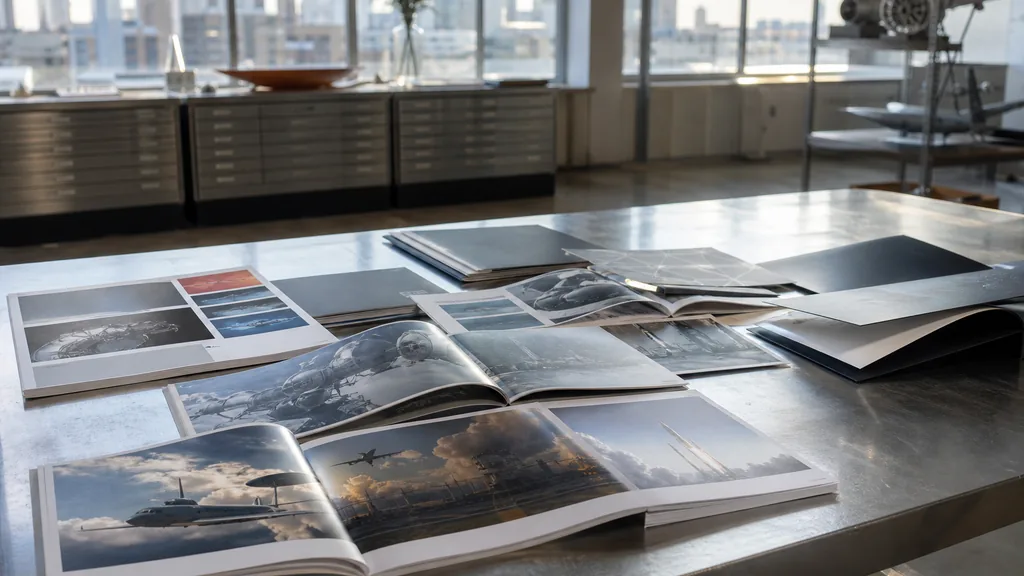 Editorial photograph of printed capability brochures and logo sheets spread across a steel worktable in a bright southern aerospace city design studio