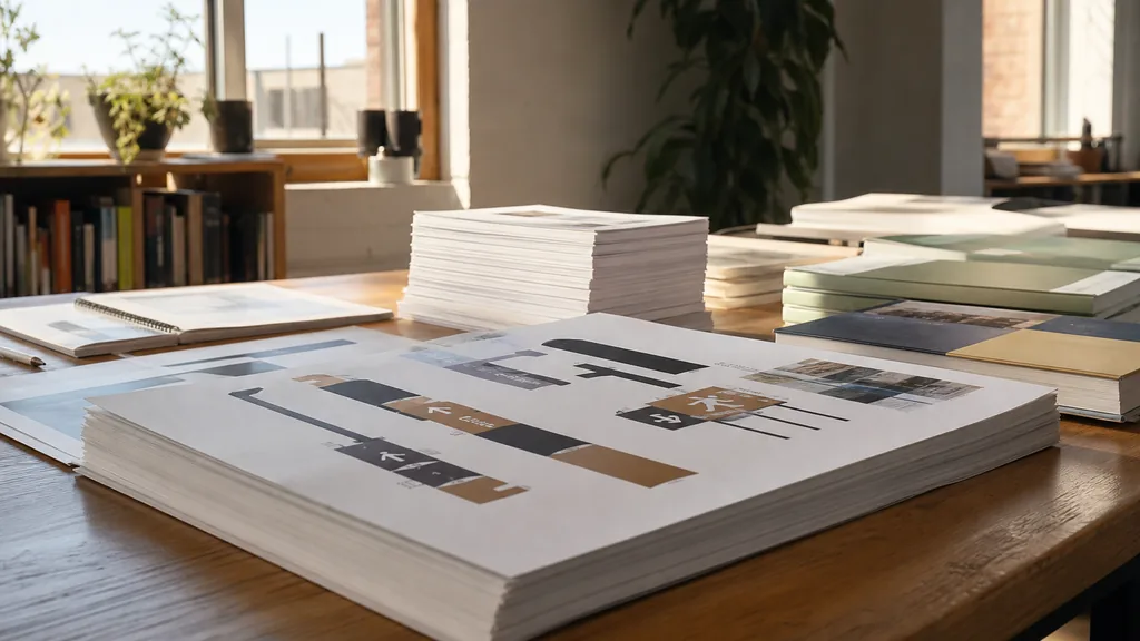 Editorial photograph of printed wayfinding proofs and brand guideline books stacked on a broad oak table in a sunlit midwestern design studio