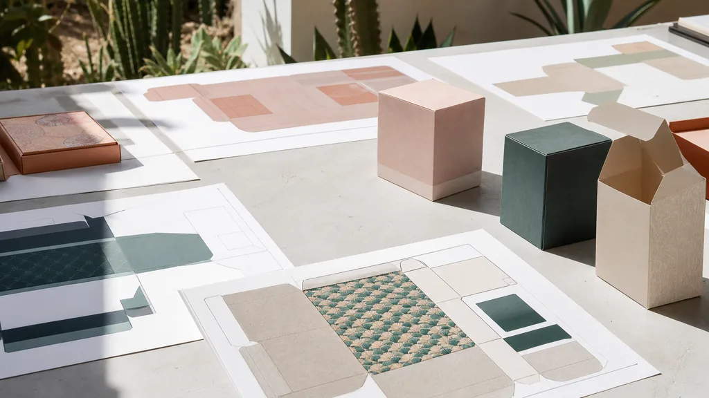 Editorial photograph of printed packaging dielines and product mockups arranged on a white concrete table in a bright southern California design studio