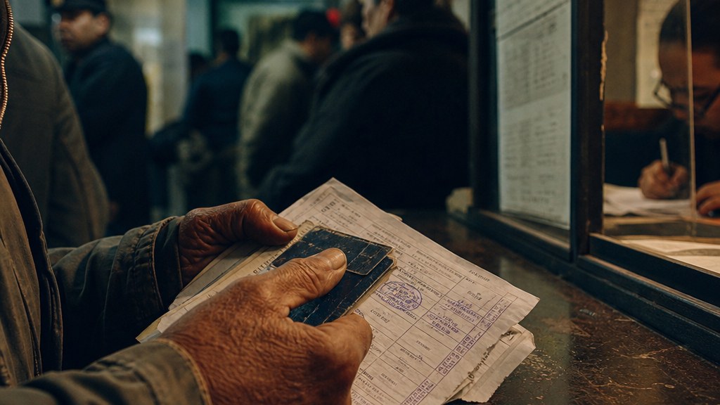 Weathered hands holding a worn passport and stamped forms across a scratched counter in a crowded consulate hallway