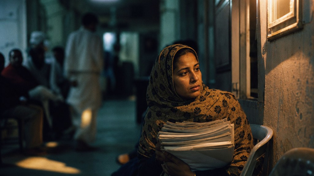 A mother in a headscarf holding a thick folder of documents in a fluorescent-lit government waiting corridor at dawn