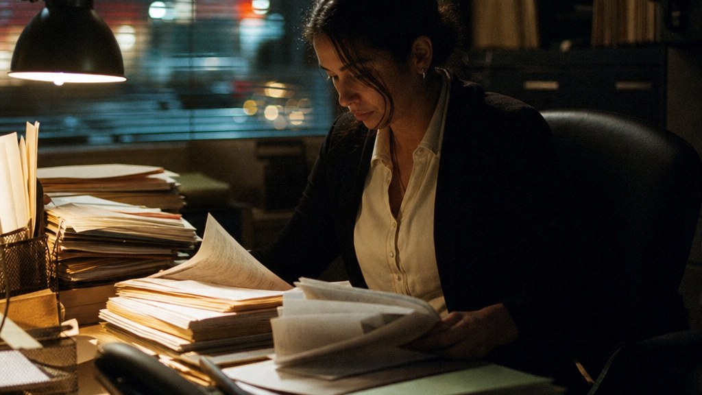 A paralegal sorting stacked case files under one desk lamp at night in a cramped storefront law office