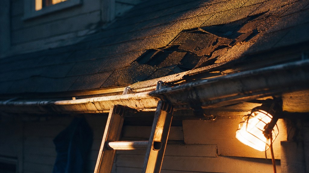 Torn shingles on a small house roof at golden hour with an aluminium ladder leaning against the gutter