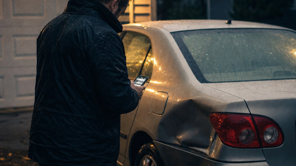 An agent in the rain beside a dented sedan in a suburban driveway, photographing the damage on a phone