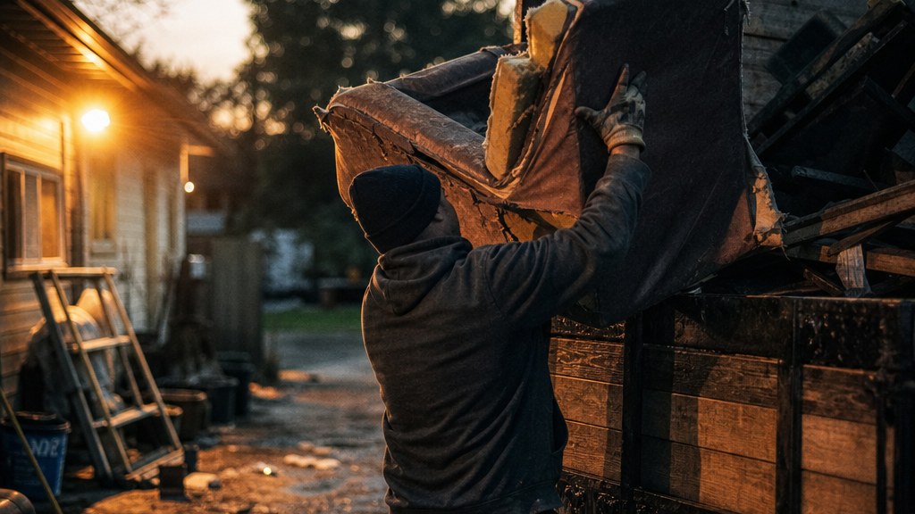 A hauler in torn gloves heaving a broken armchair into a stacked truck bed on a cluttered driveway